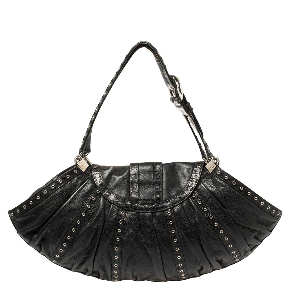 Dior Black Leather And Lizard Grommet Buckle Flap Hobo
