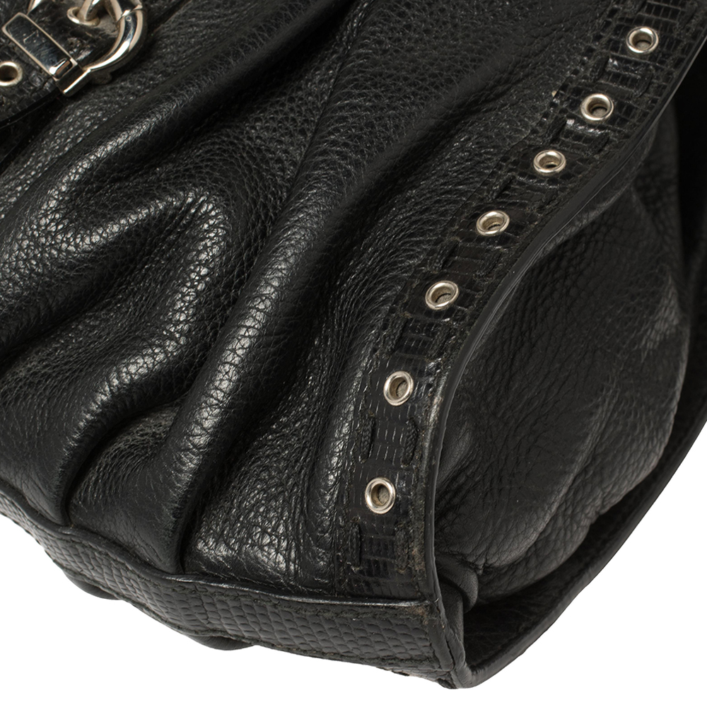 Dior Black Leather And Lizard Grommet Buckle Flap Hobo