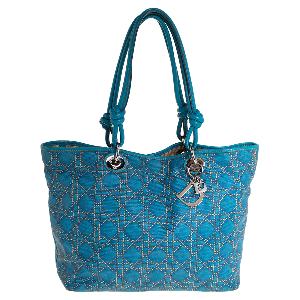 Dior Blue Cannage Print Coated Canvas and Leather Lady Dior Tote