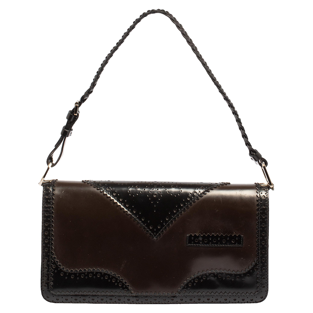 Dior Black/Maroon Brogue Leather and Oblique Canvas D'Trick Baguette Bag