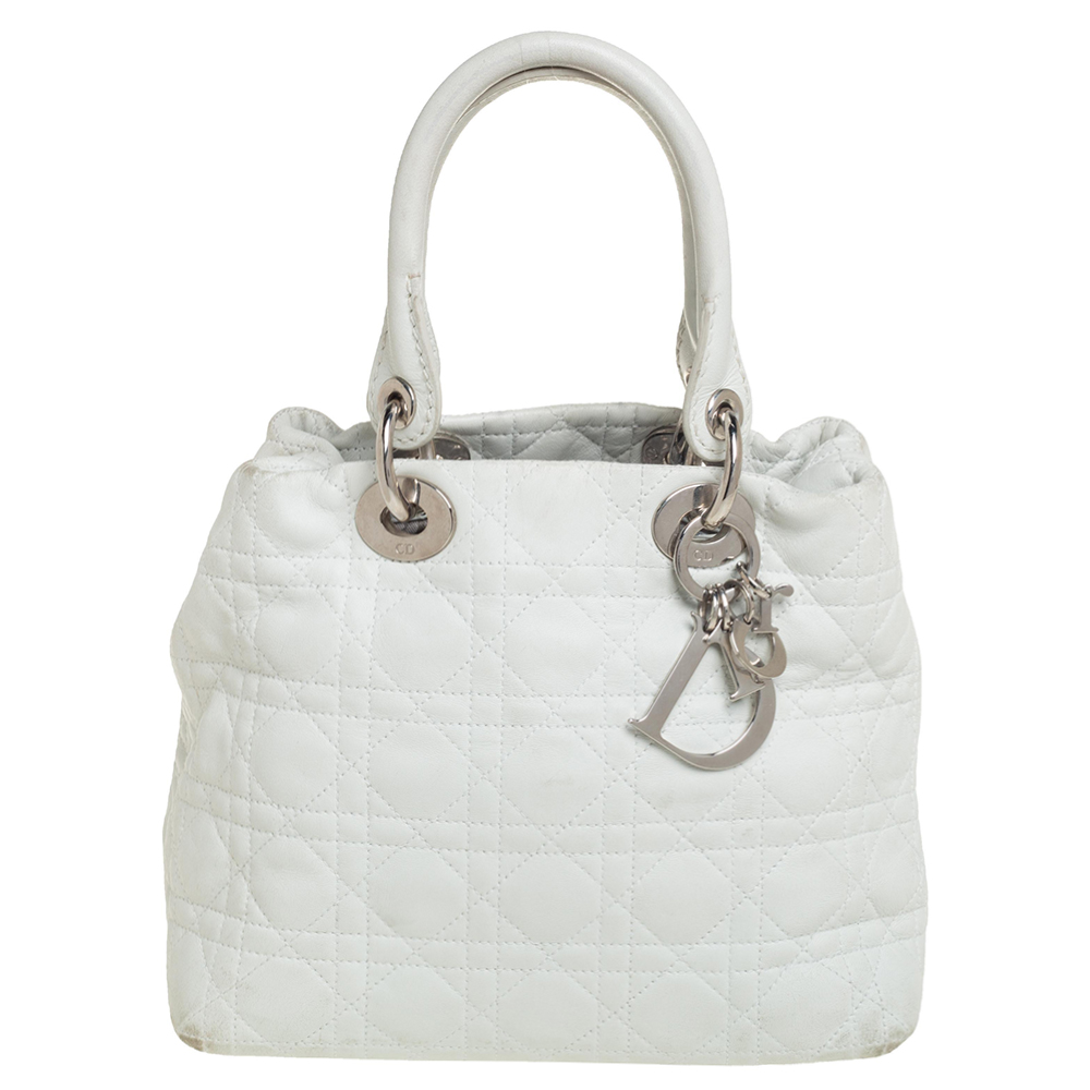 Dior White Cannage Leather Lady Dior Soft Tote