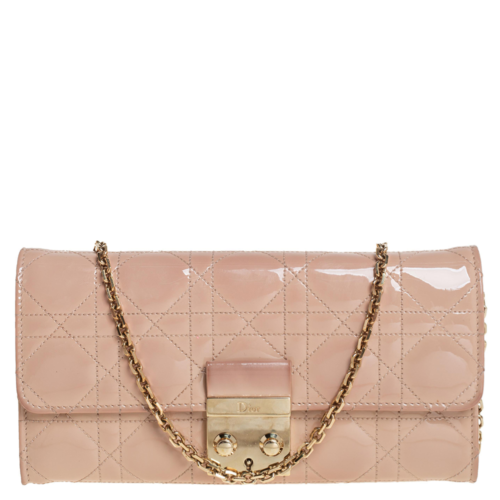 Dior Beige Patent Cannage Leather Miss Dior Wallet On Chain