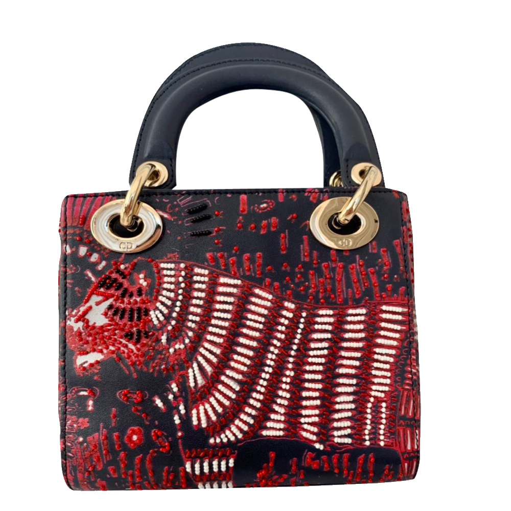 Dior Red/Black Sequin Embroidered Leather Mini Lady Dior Tote Bag