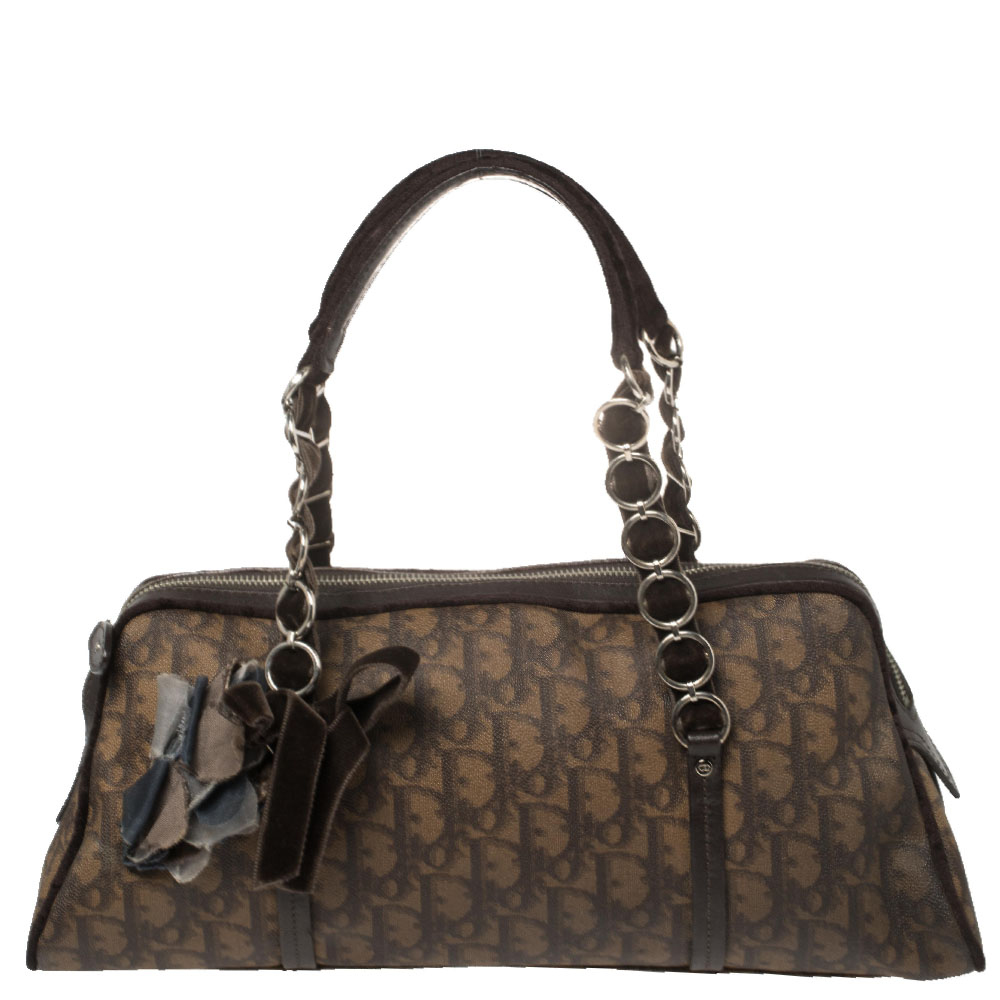 Dior Brown Diorissimo Coated Canvas, Leather, and Velvet Trotter Romantique Satchel