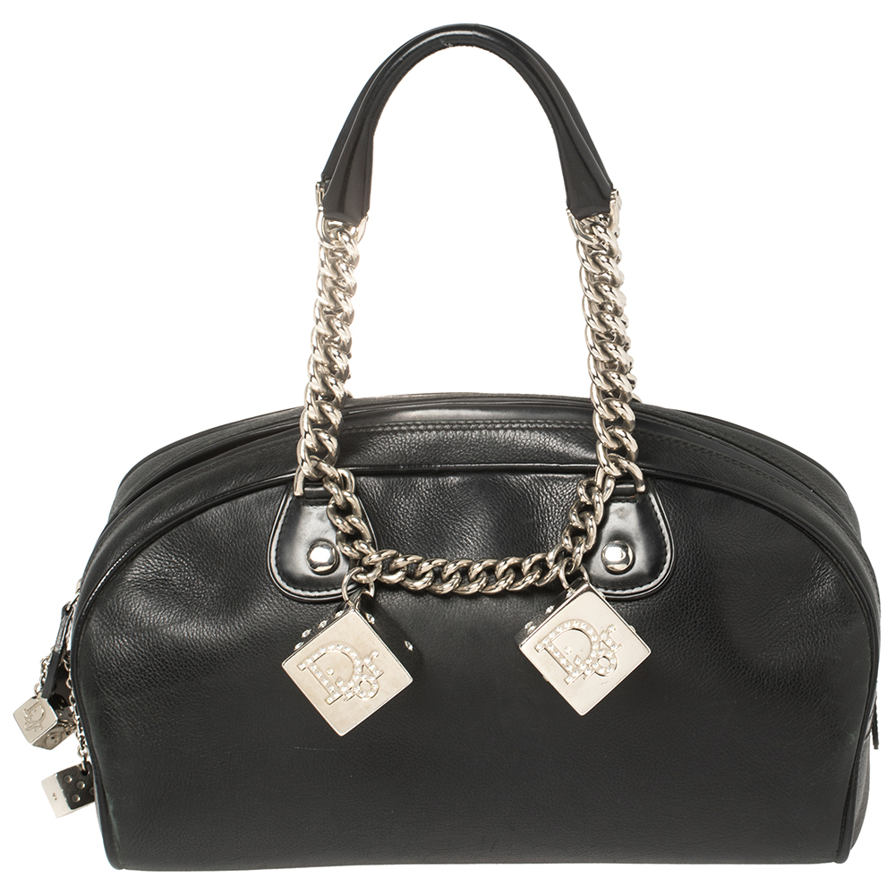Dior Black Leather Gambler Dice Bowler Bag
