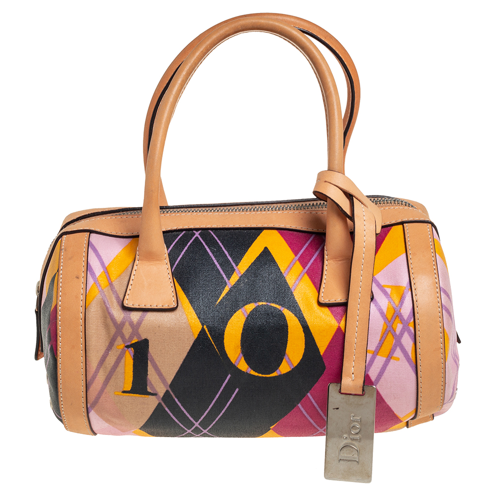Dior Multicolor Canvas and Leather Argyle Boston Bag