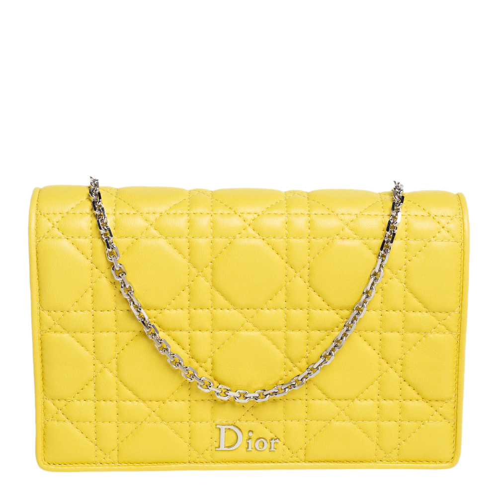 Dior Yellow Cannage Leather Lady Dior Wallet on Chain