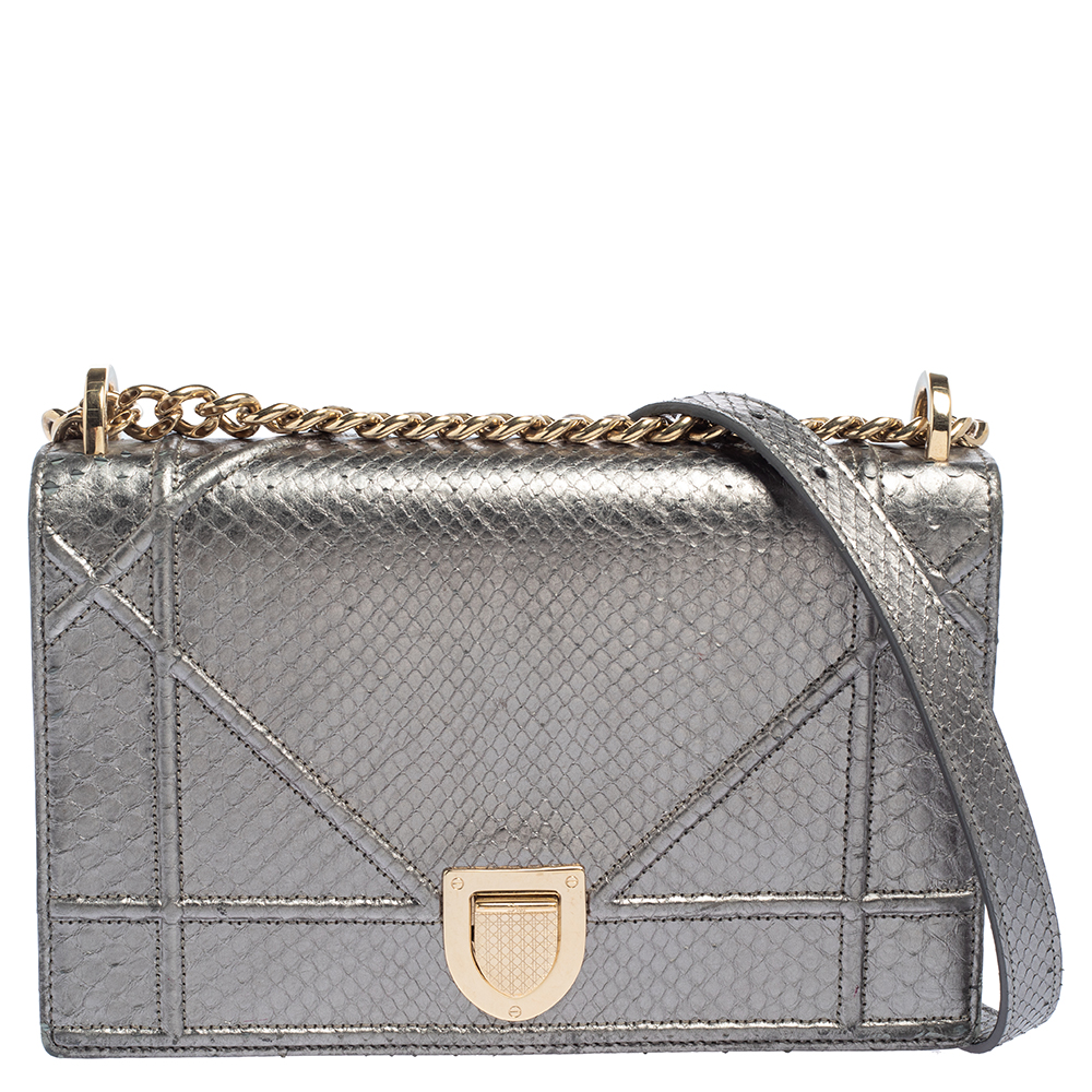 Dior Metallic Grey Python Leather Medium Diorama Flap Shoulder Bag