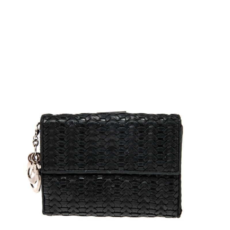 Dior Black Woven Leather Lady Dior Compact Wallet