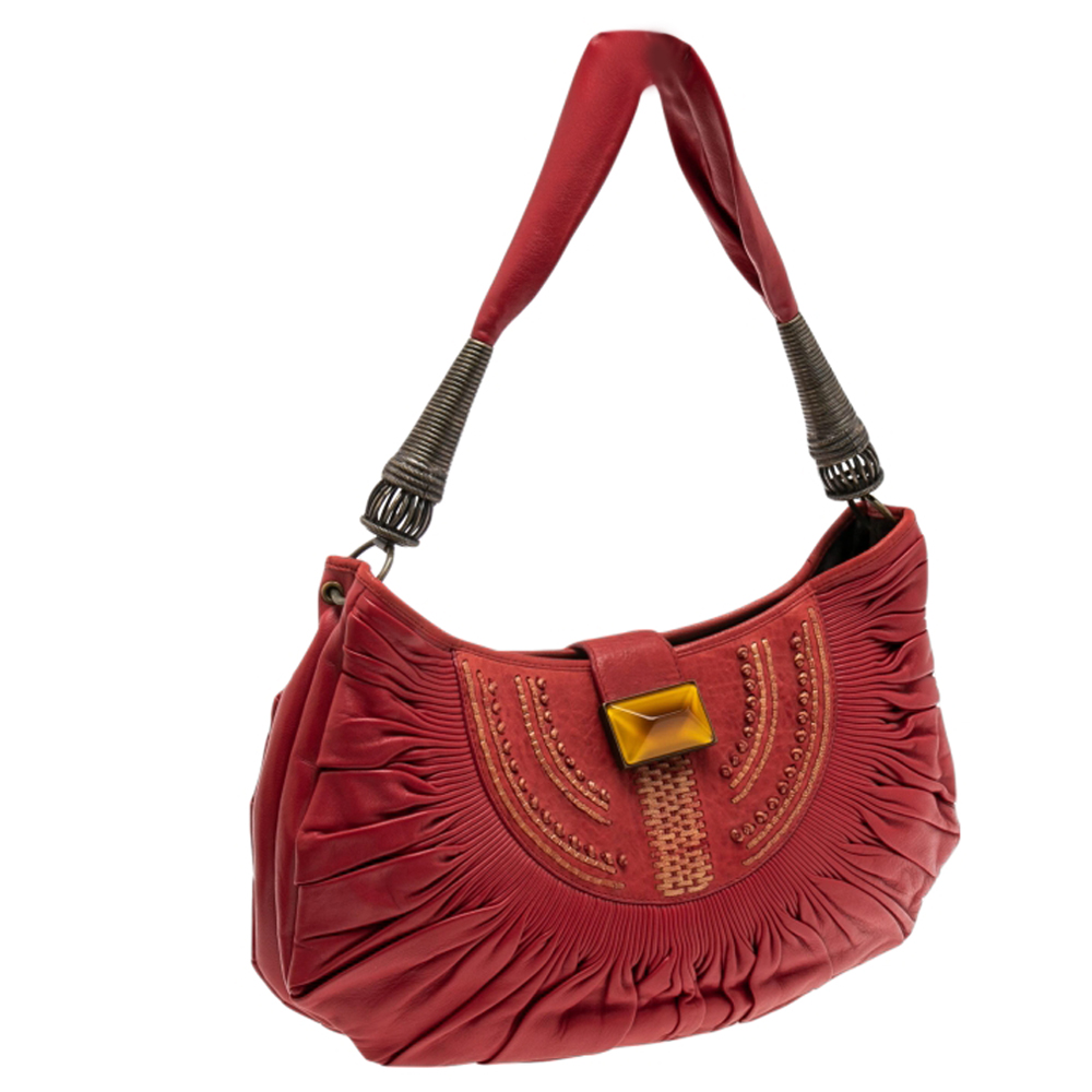 Dior Red Pleated Leather Plisse Hobo