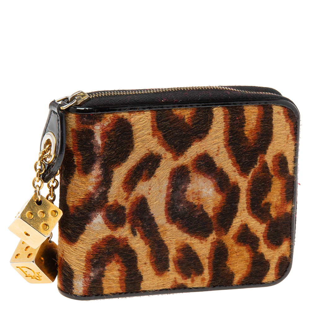 Dior Brown/Black Leopard Calfhair And Patent Leather Dice Zip Around Wallet