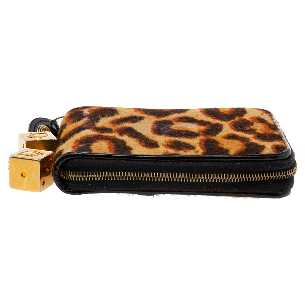 Dior Brown/Black Leopard Calfhair And Patent Leather Dice Zip Around Wallet