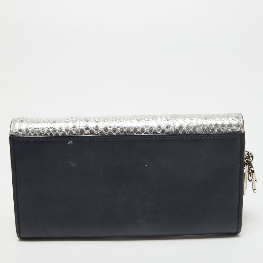 Dior Navy Blue/Silver Leather And Watersnake Charm Flap Continental Wallet