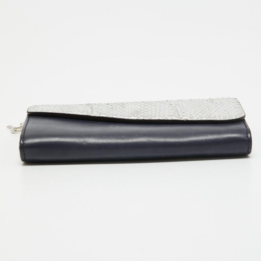 Dior Navy Blue/Silver Leather And Watersnake Charm Flap Continental Wallet