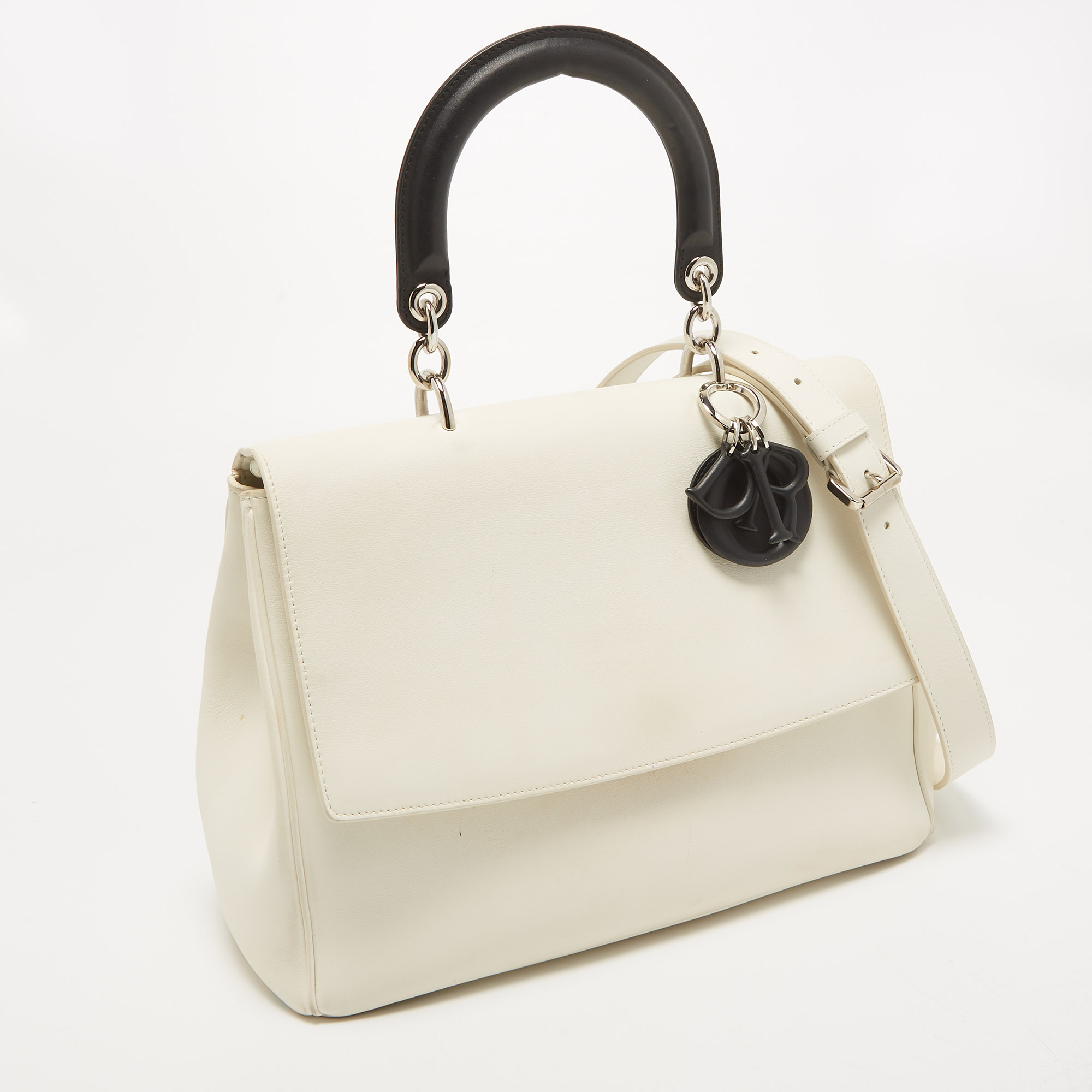 Dior White/Black Leather Large Be Dior Flap Top Handle Bag