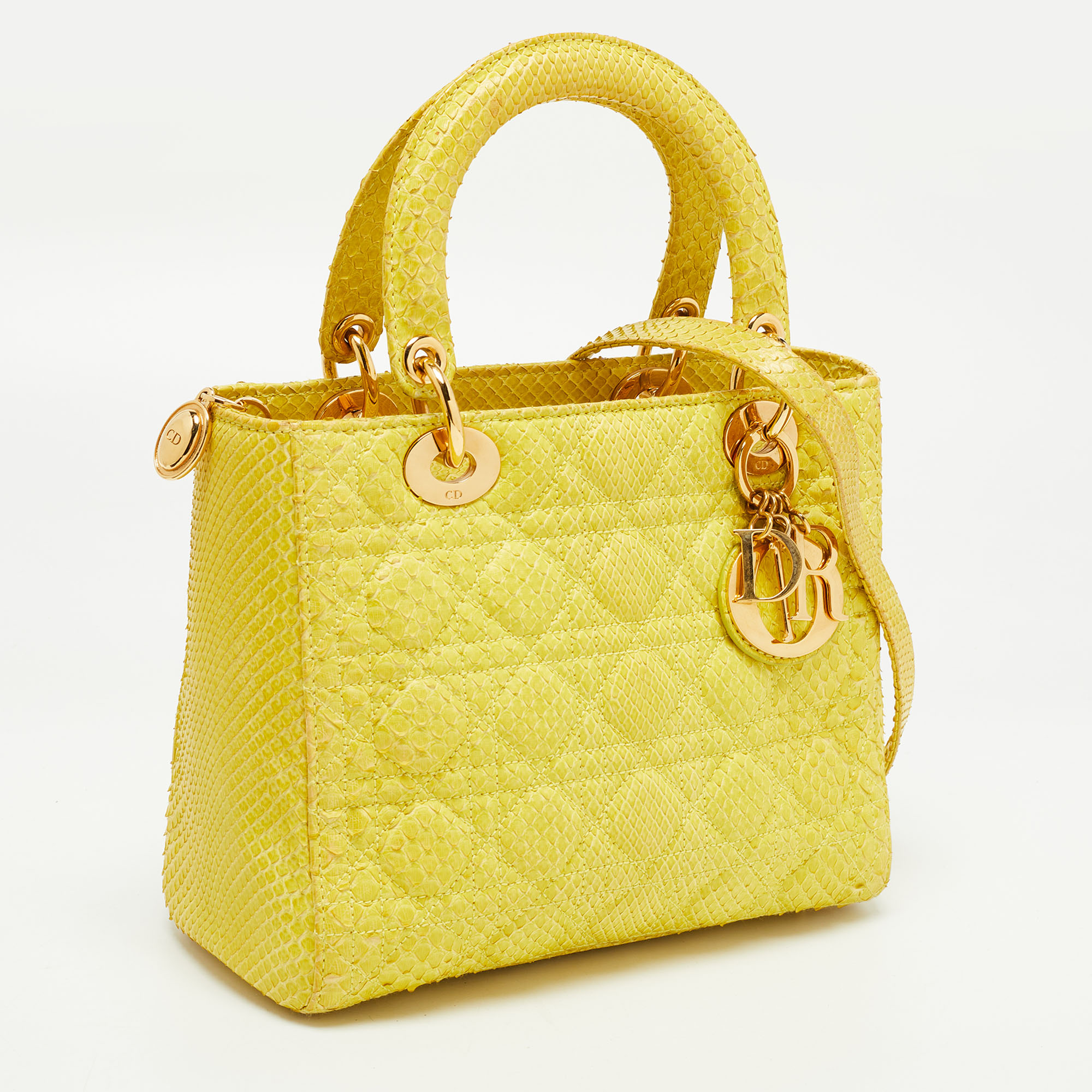 Dior Yellow Cannage Python Leather Medium Lady Dior Tote
