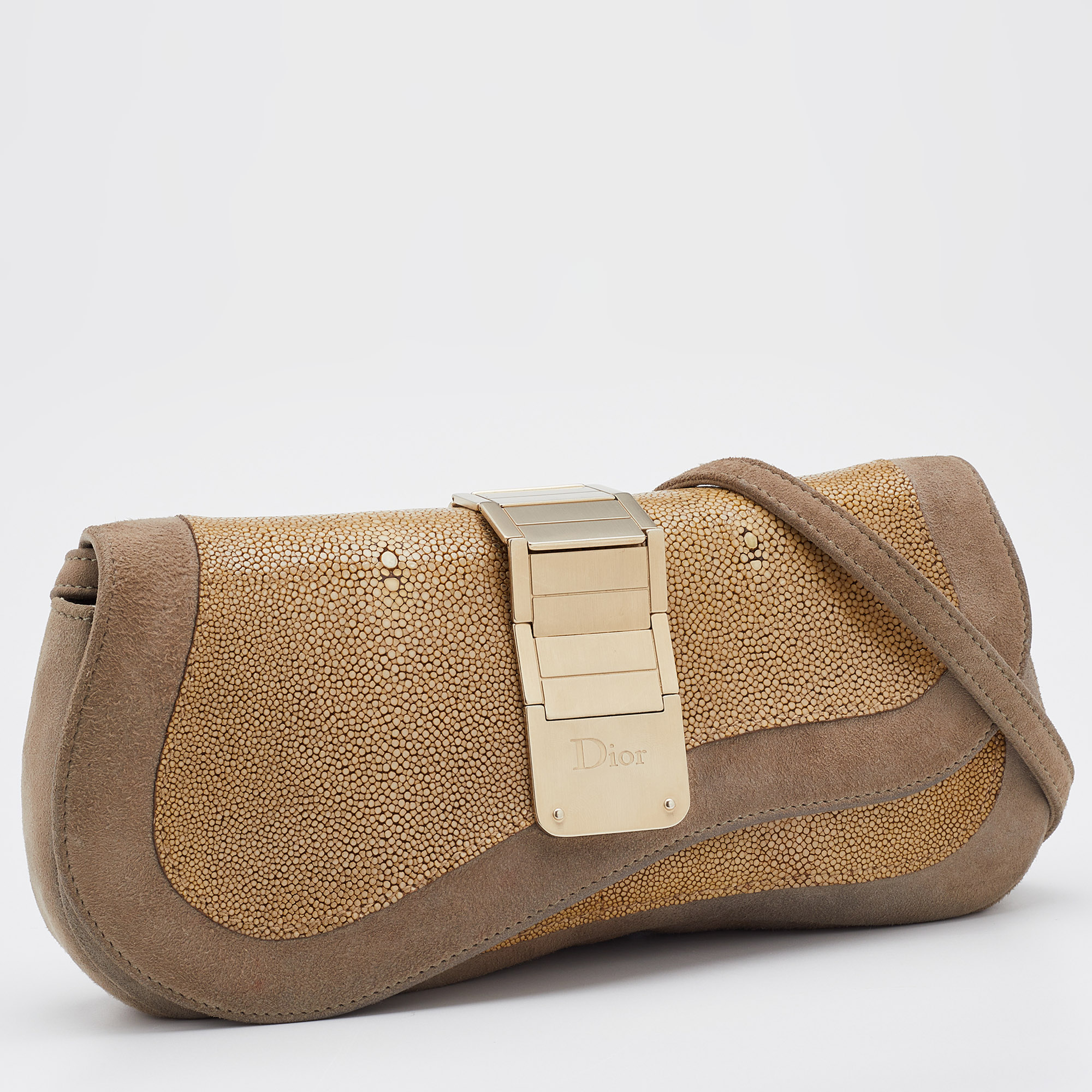 Dior Grey/Beige Stringray And Suede Flap Saddle Shoulder Bag