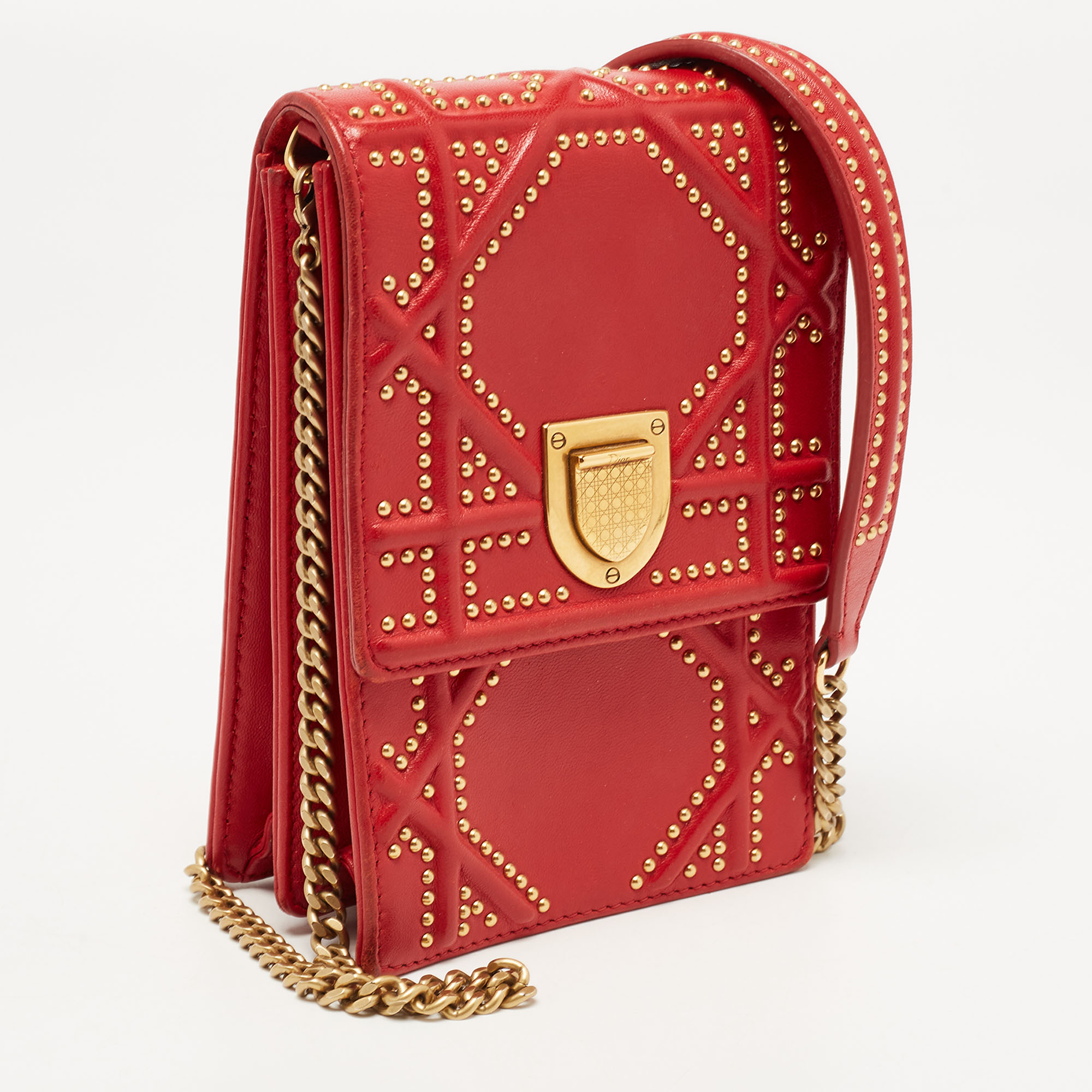 Dior Red Leather Diorama Studded Vertical Chain Clutch