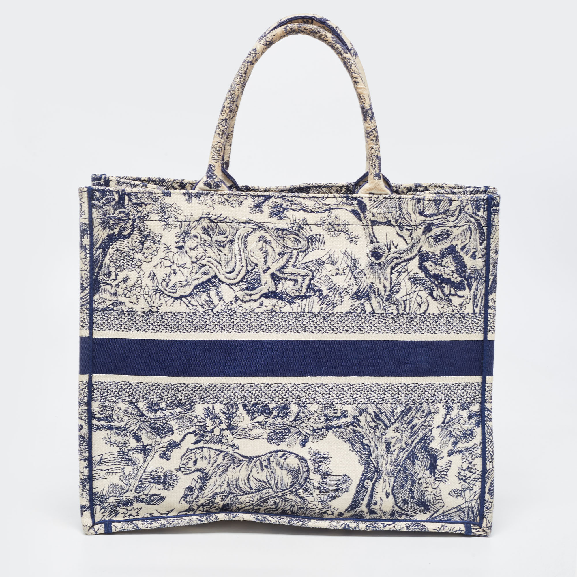 Dior Navy Blue/White Toile De Jouy Embroidery Canvas Large Book Tote