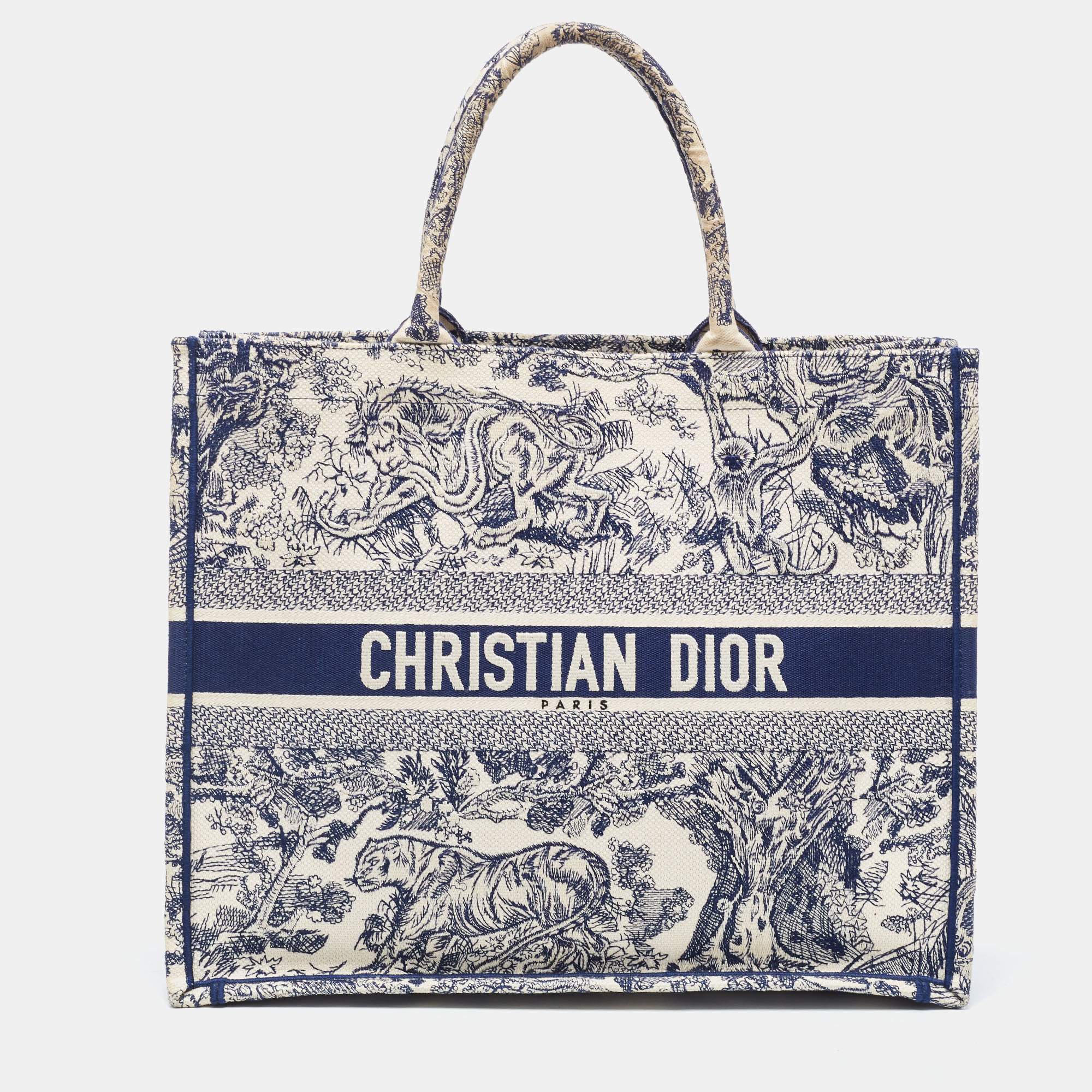 Dior Navy Blue/White Toile De Jouy Embroidery Canvas Large Book Tote