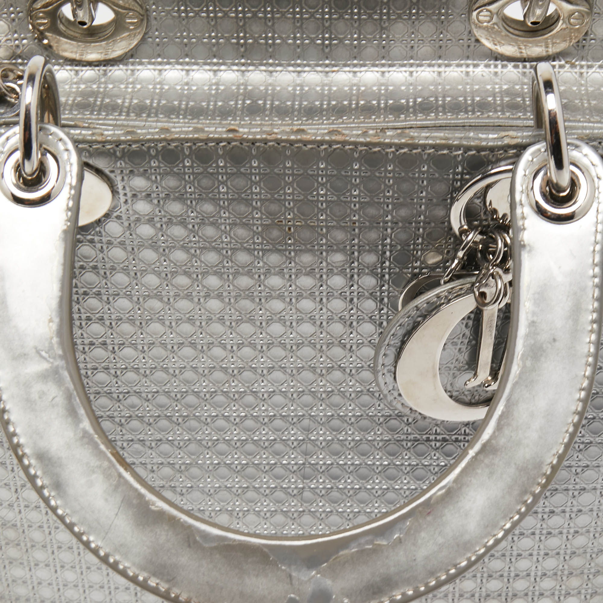 Dior Silver Microcannage Patent Leather Medium Lady Dior Tote