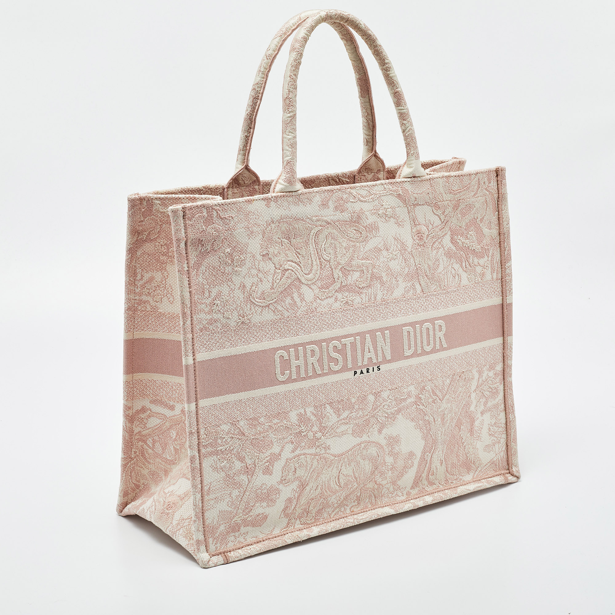 Dior Pink/White Embroidered Canvas Large Toile De Jouy Book Tote