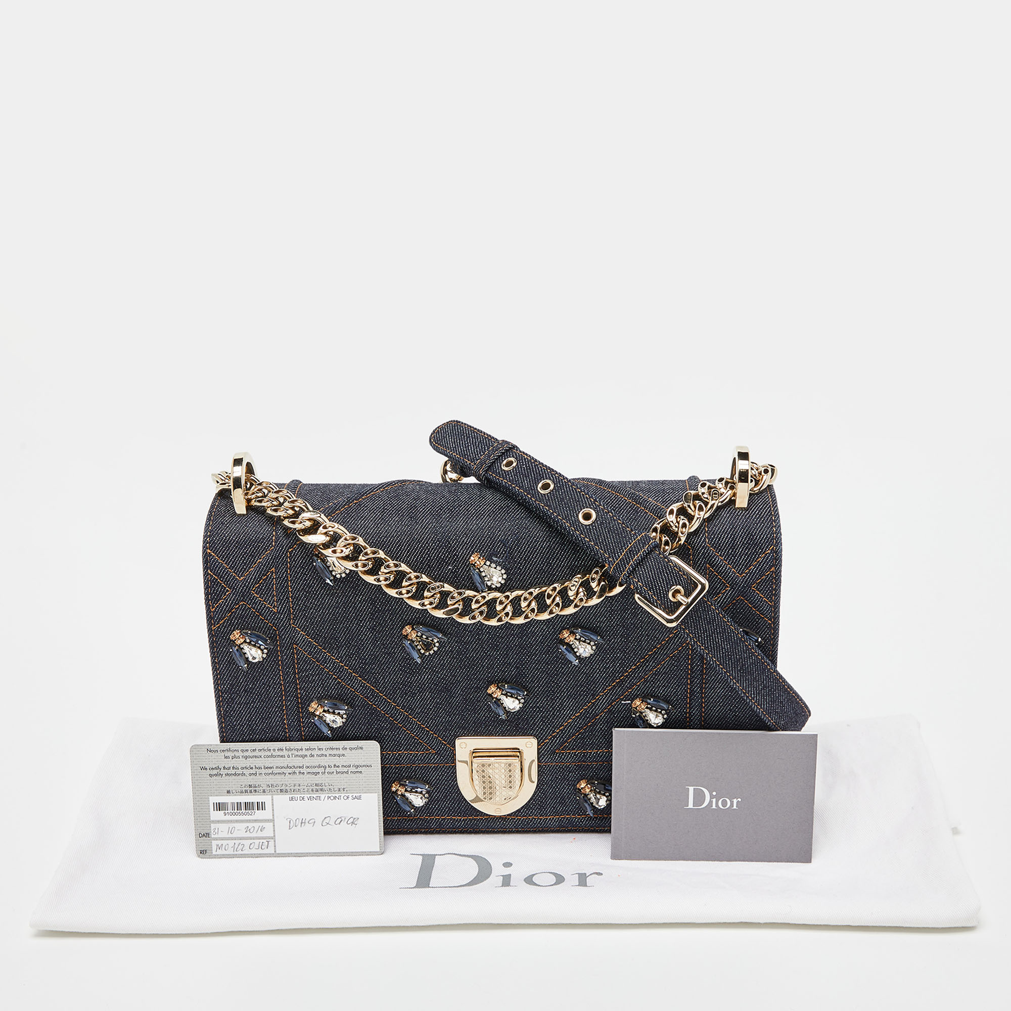 Dior Blue Denim Medium Crystal Embellished Diorama Shoulder Bag