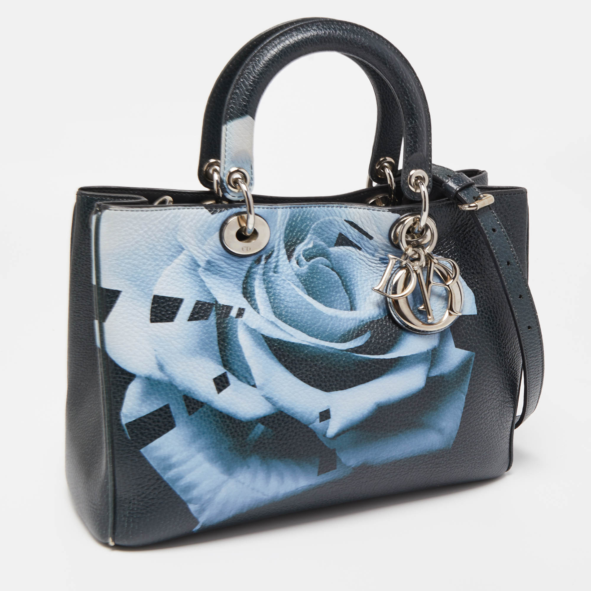 Dior Navy Blue Floral Print Leather Medium Diorissimo Shopper Tote