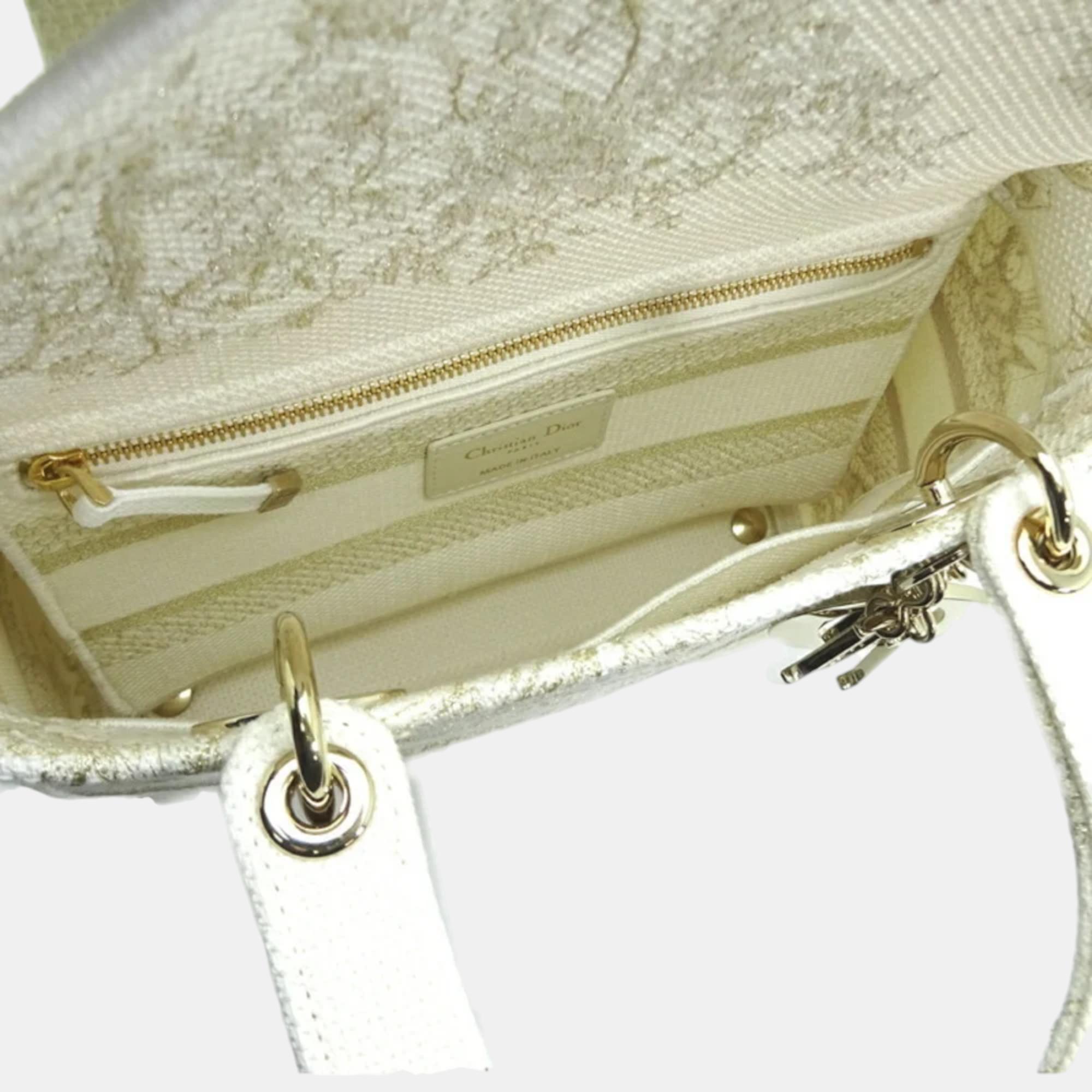 Dior White Canvas Around The World Stella Embroidered  Lady D-Lite Top Handle Bag