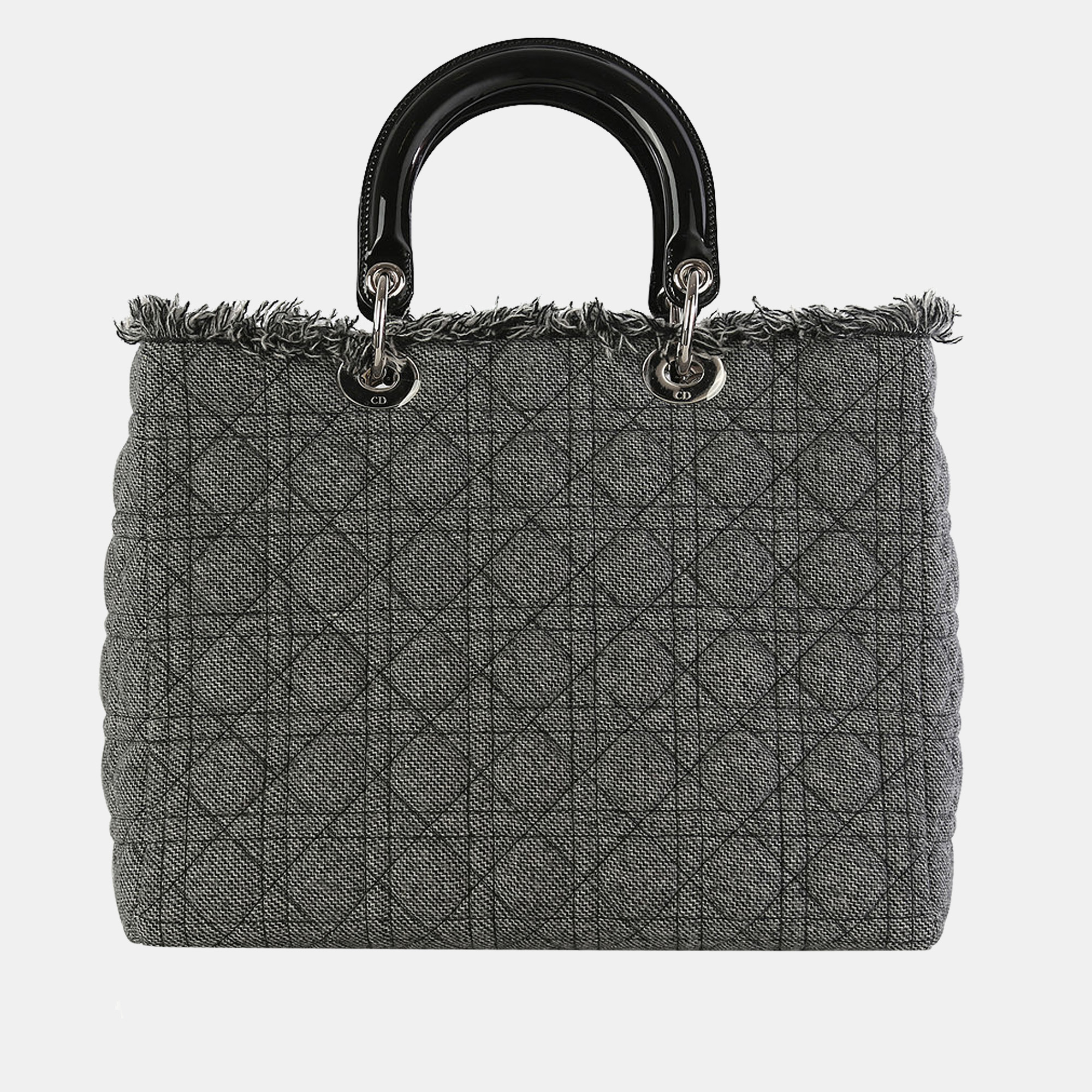 Christian Dior Grey Cannage Quilted Tweed And Black Patent Leather Large Lady Dior Handle Bag