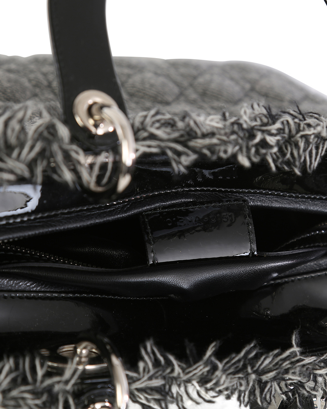 Christian Dior Grey Cannage Quilted Tweed And Black Patent Leather Large Lady Dior Handle Bag