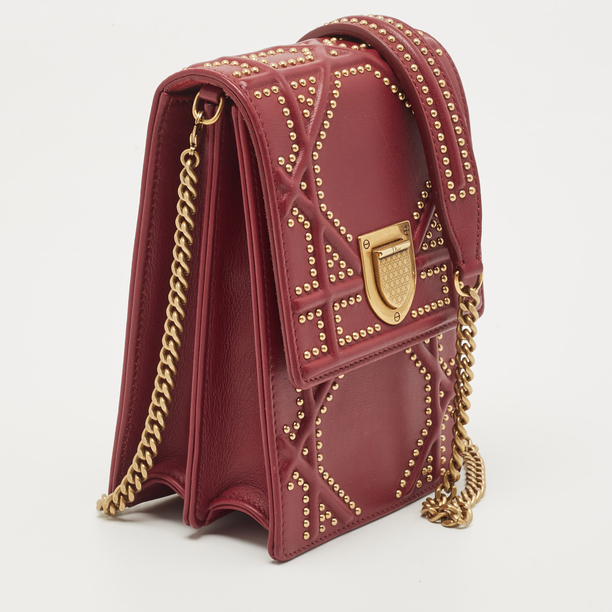 Dior Maroon Leather Studded Diorama Vertical Clutch Bag