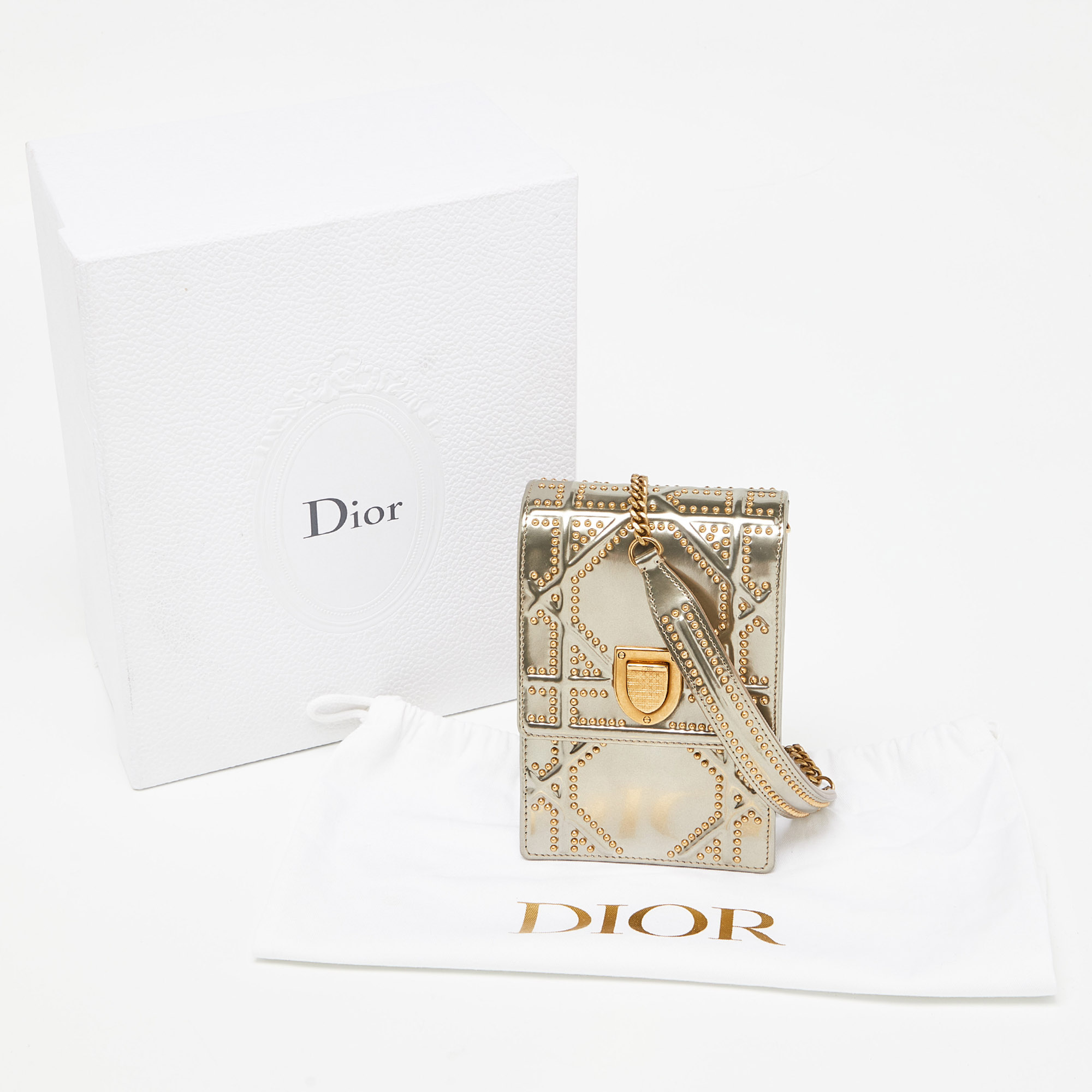 Dior Metallic Gold Glossy Leather Studded Diorama Vertical Clutch