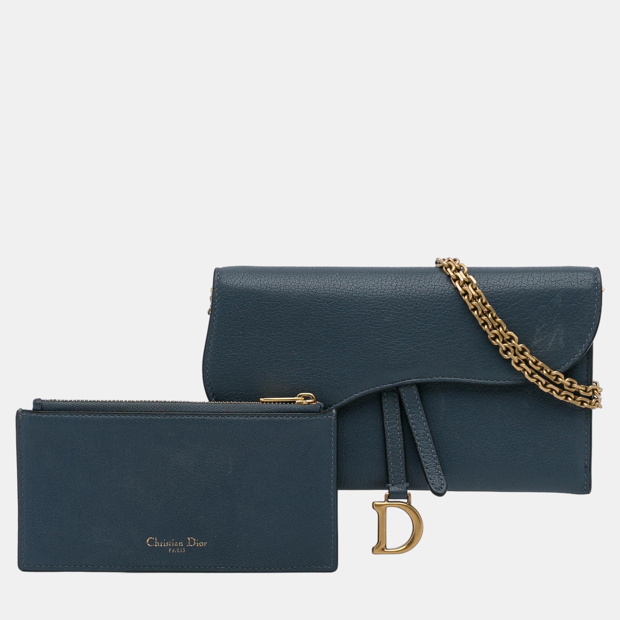 Dior Blue Leather Saddle Wallet On Chain