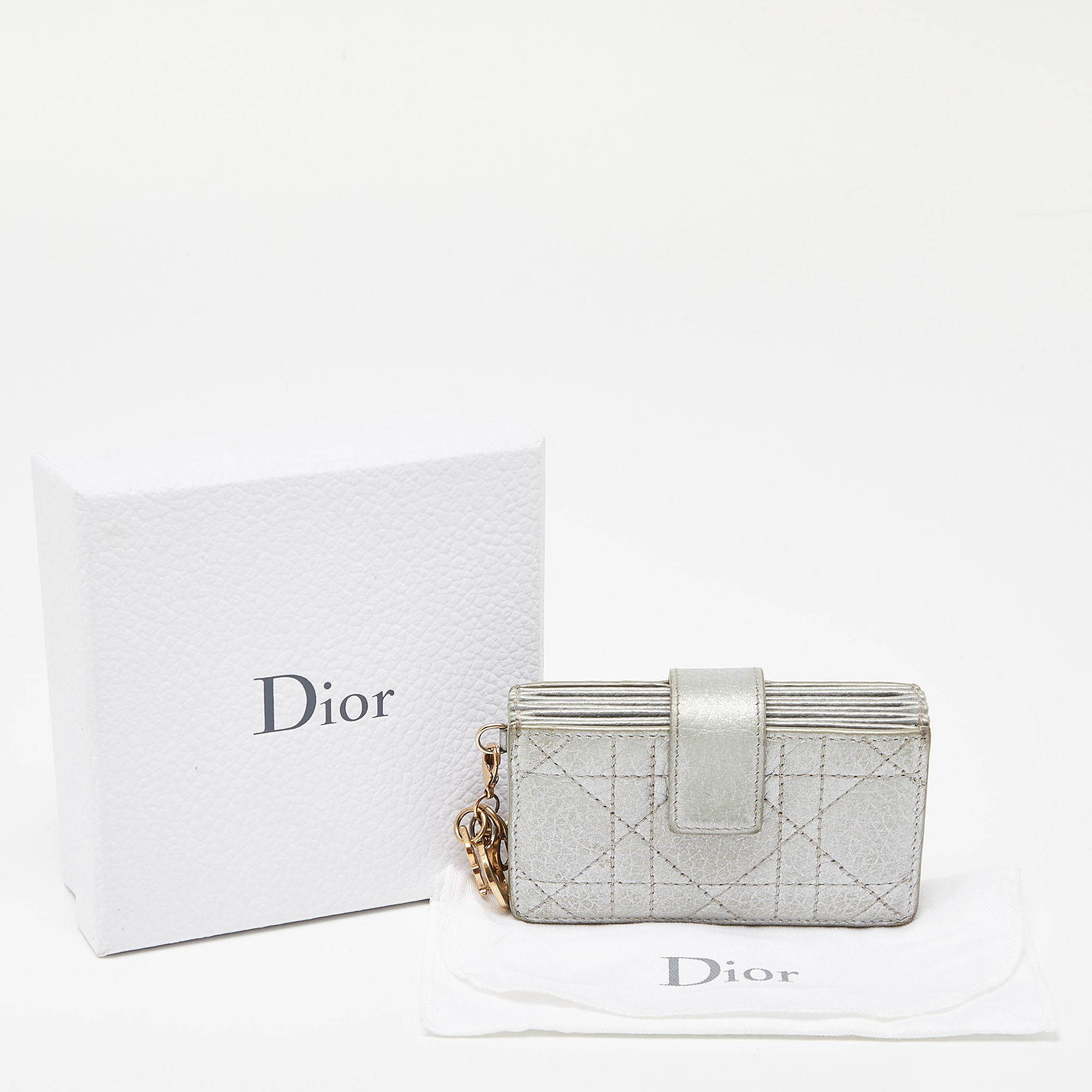 Dior Metallic Grey Cannage Leather 5 Gusset Card Holder