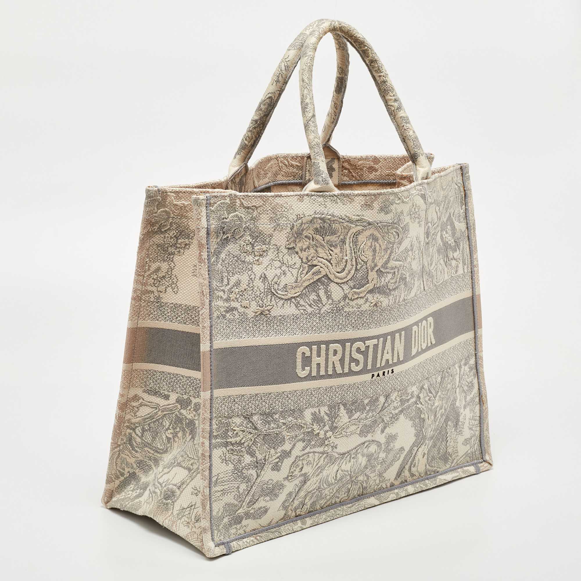 Dior Grey Embroidered Canvas Large Toile De Jouy Book Tote
