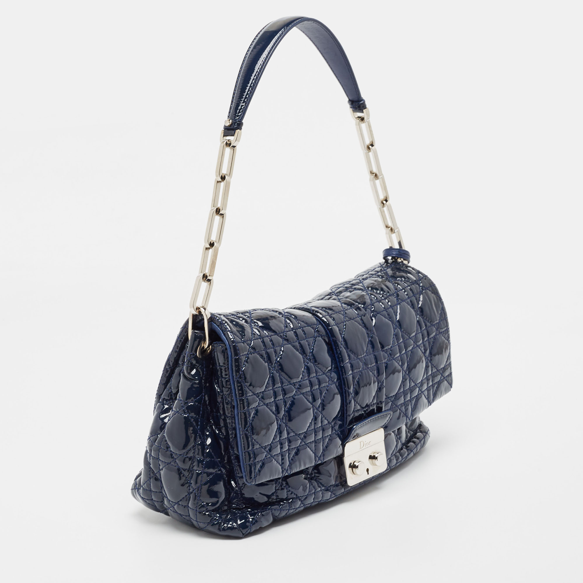 Dior Dark Blue Cannage Quilted Patent Leather New Lock Flap Bag