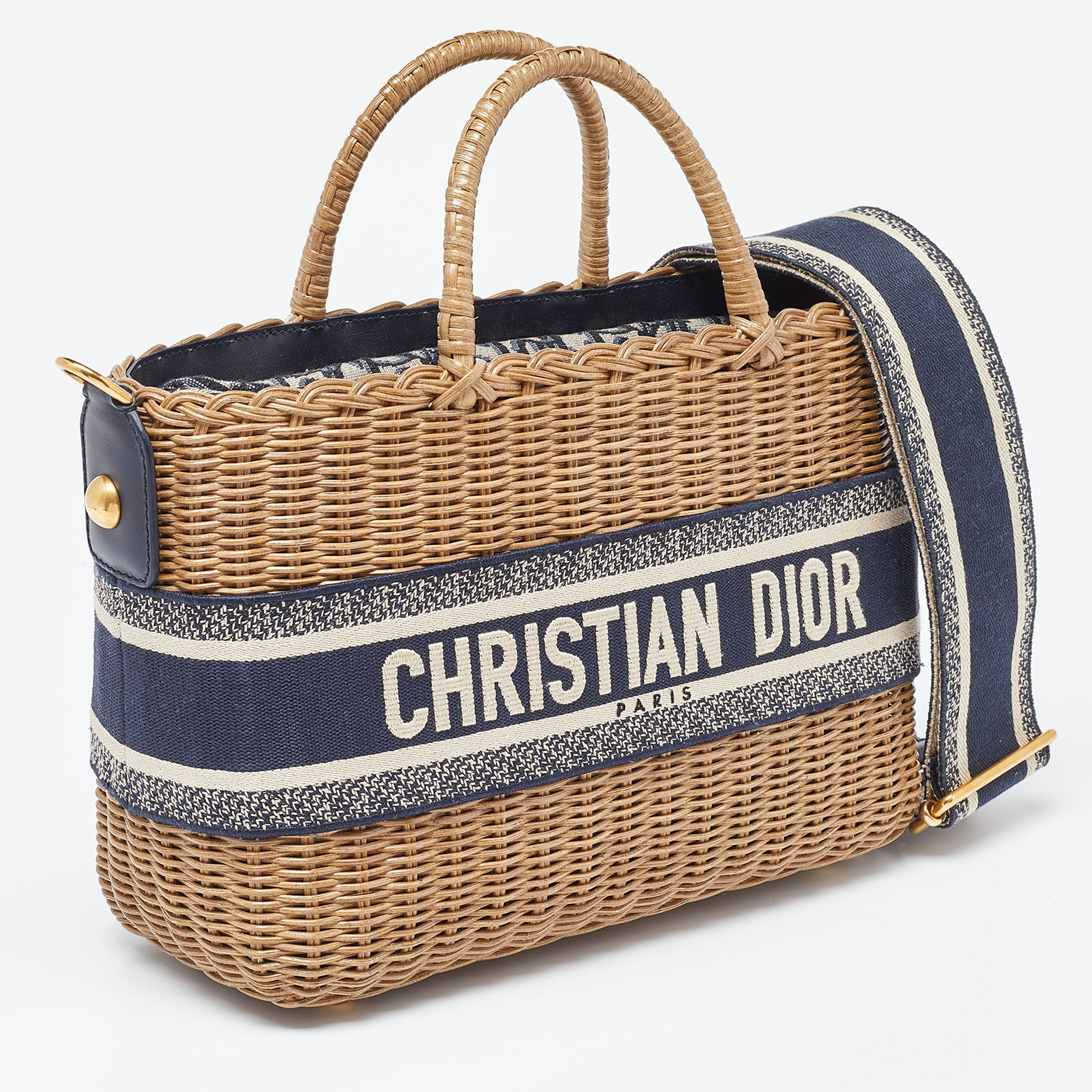 Dior Navy Blue/Brown Oblique Canvas And Rattan Wicker Basket Bag