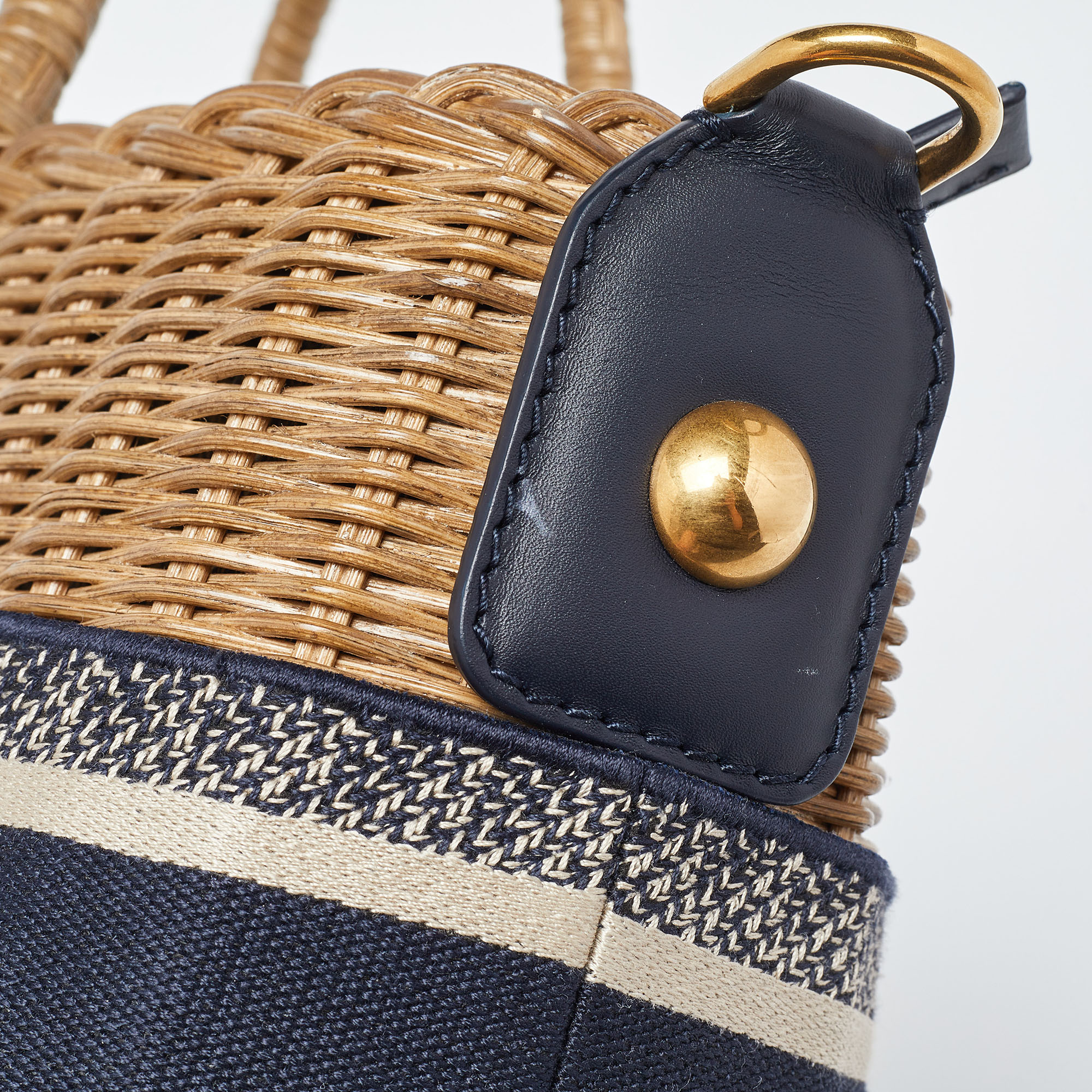 Dior Navy Blue/Brown Oblique Canvas And Rattan Wicker Basket Bag