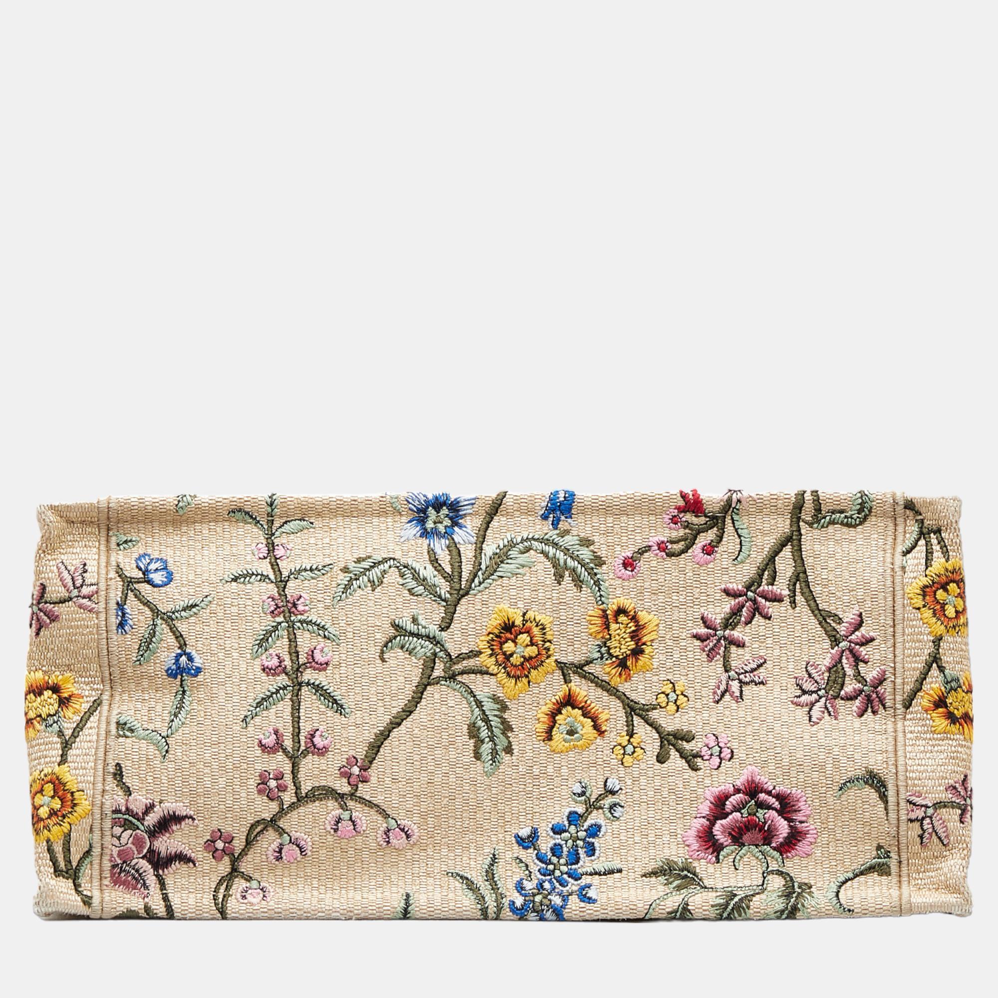 Dior Brown/Multicolour Medium Petite Fleurs Raffia Book Tote