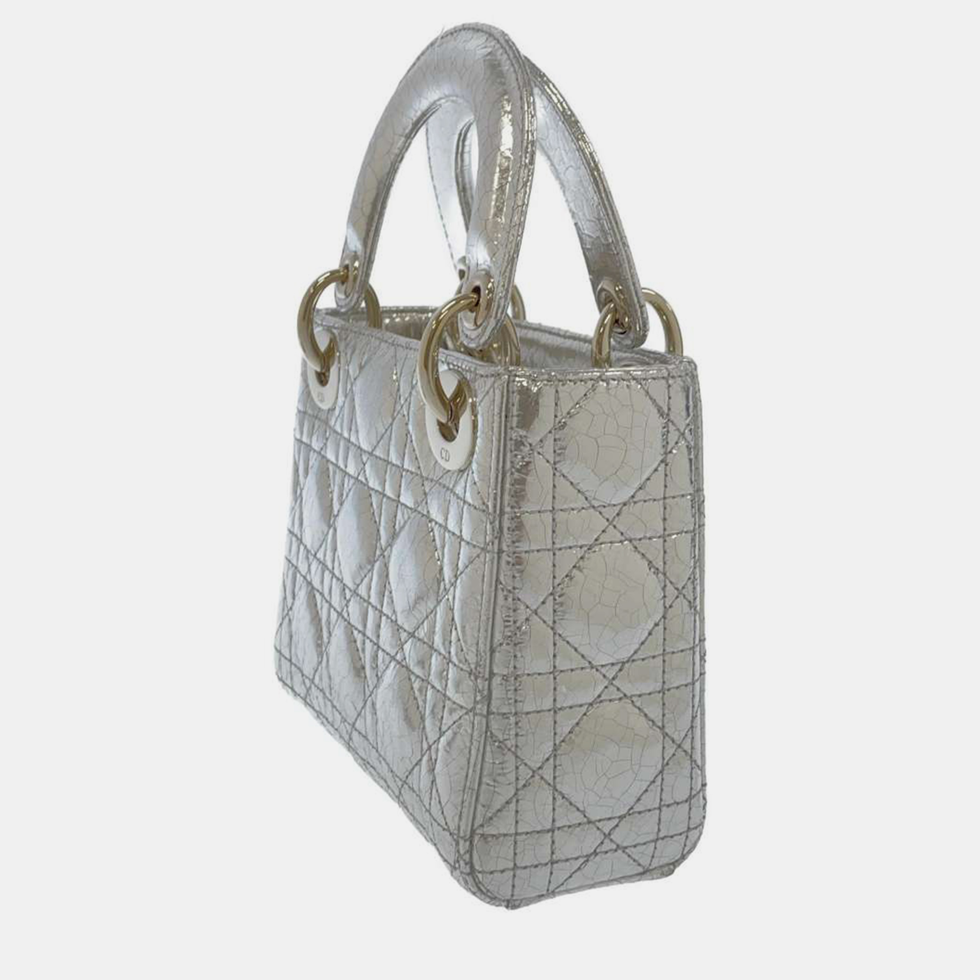 Dior Silver Leather Lady Dior Top Handle Bag