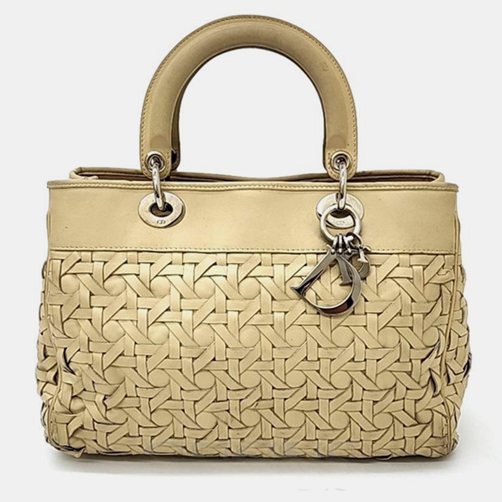 Christian dior beige woven leather cannage tote bag