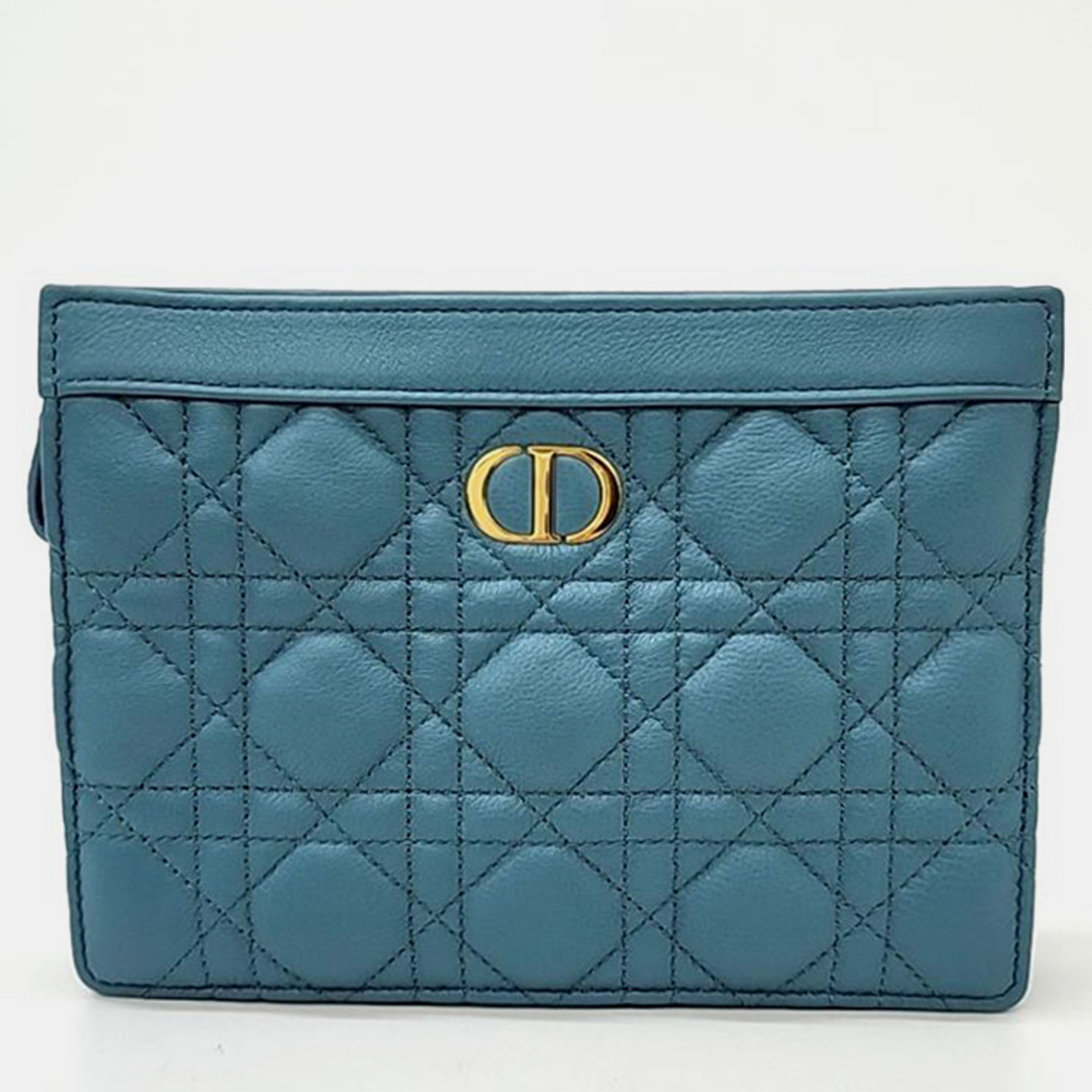 Christian dior cloud blue calfskin cannage caro zipped pouch with chain