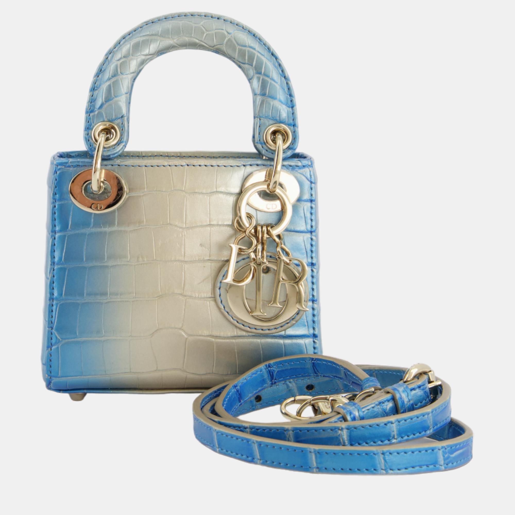 Christian Dior Blue Nacre Crocodile Micro Lady Dior Bag With Champagne Gold Hardware