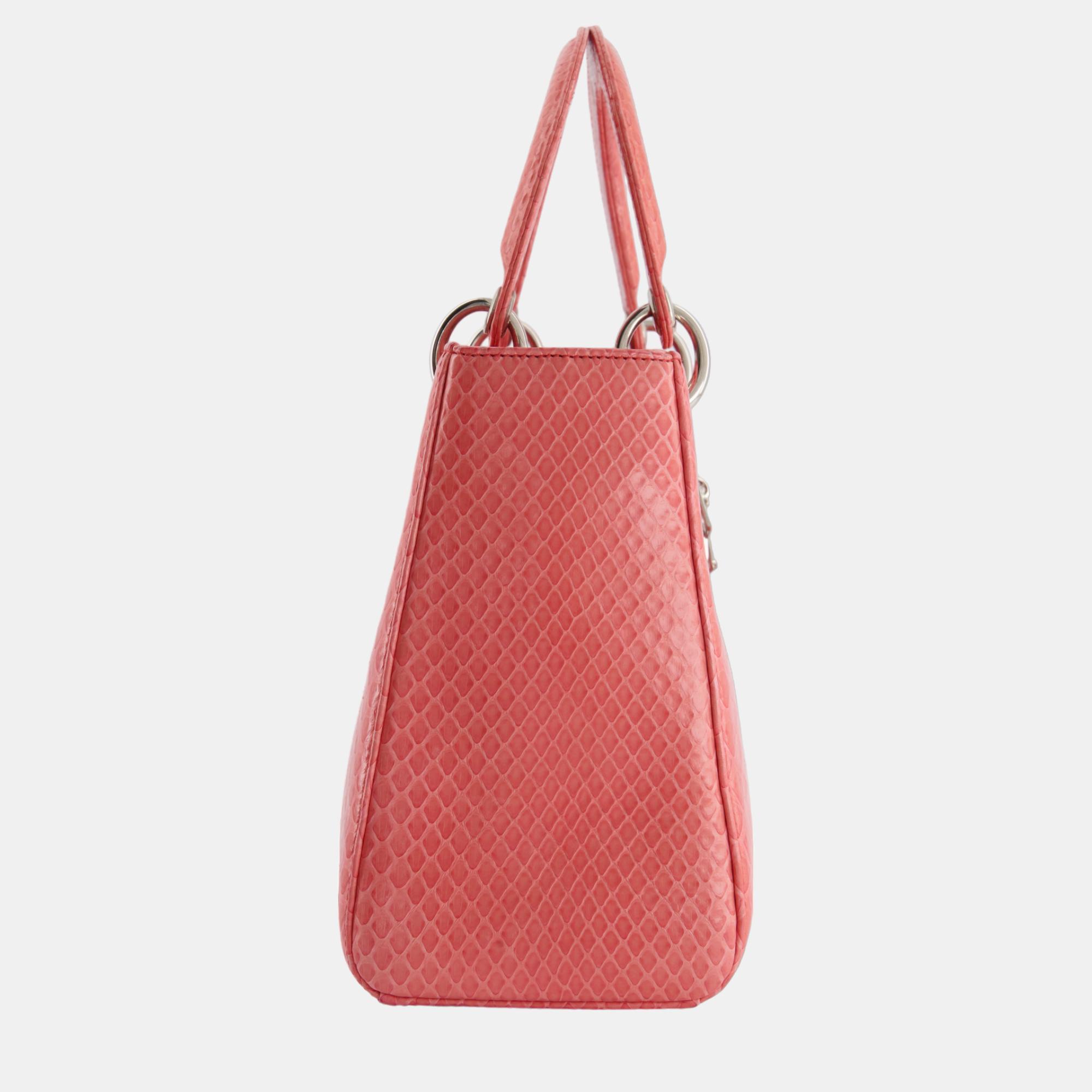 Christian Dior Medium Coral Python Lady Dior Bag With Silver Hardware