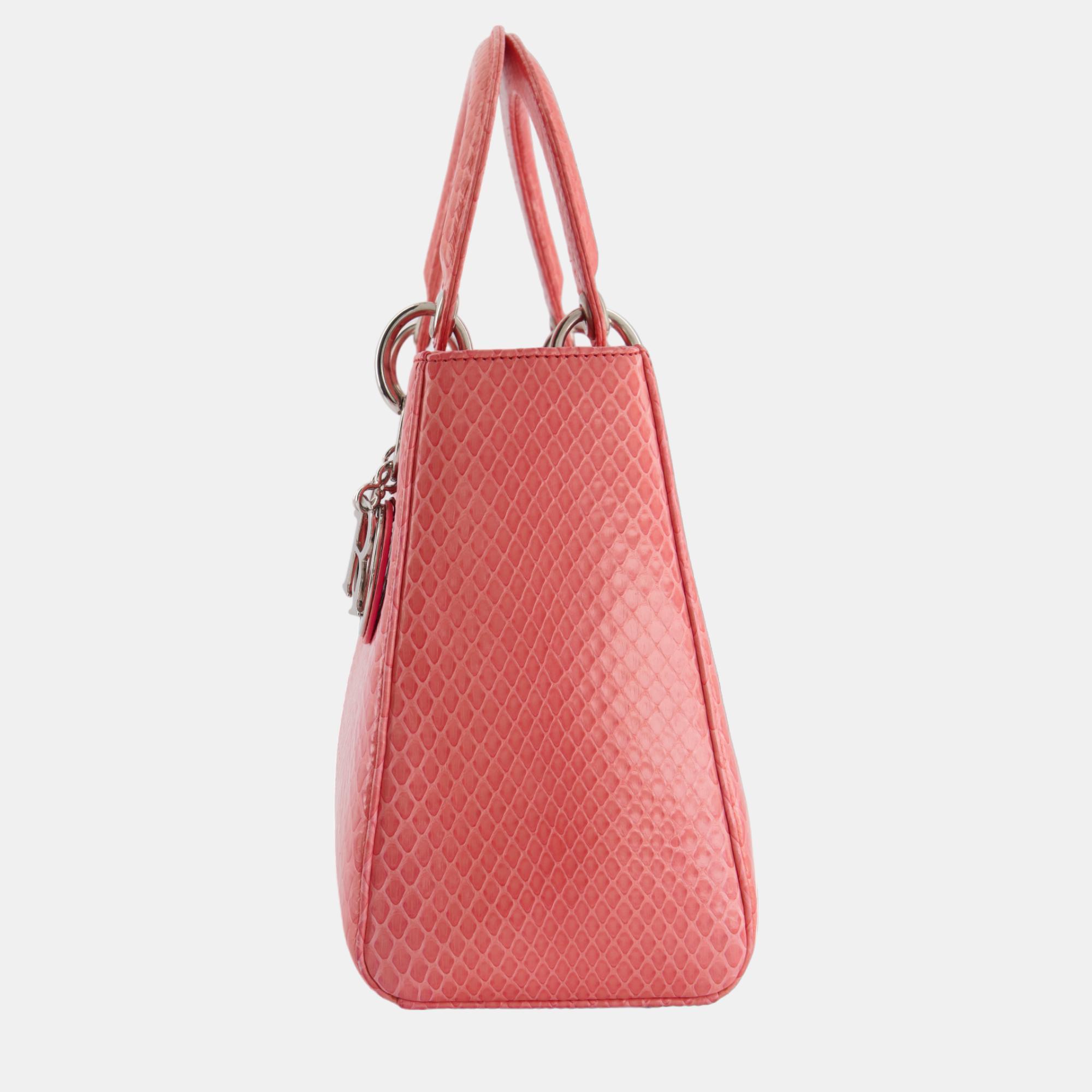 Christian Dior Medium Coral Python Lady Dior Bag With Silver Hardware