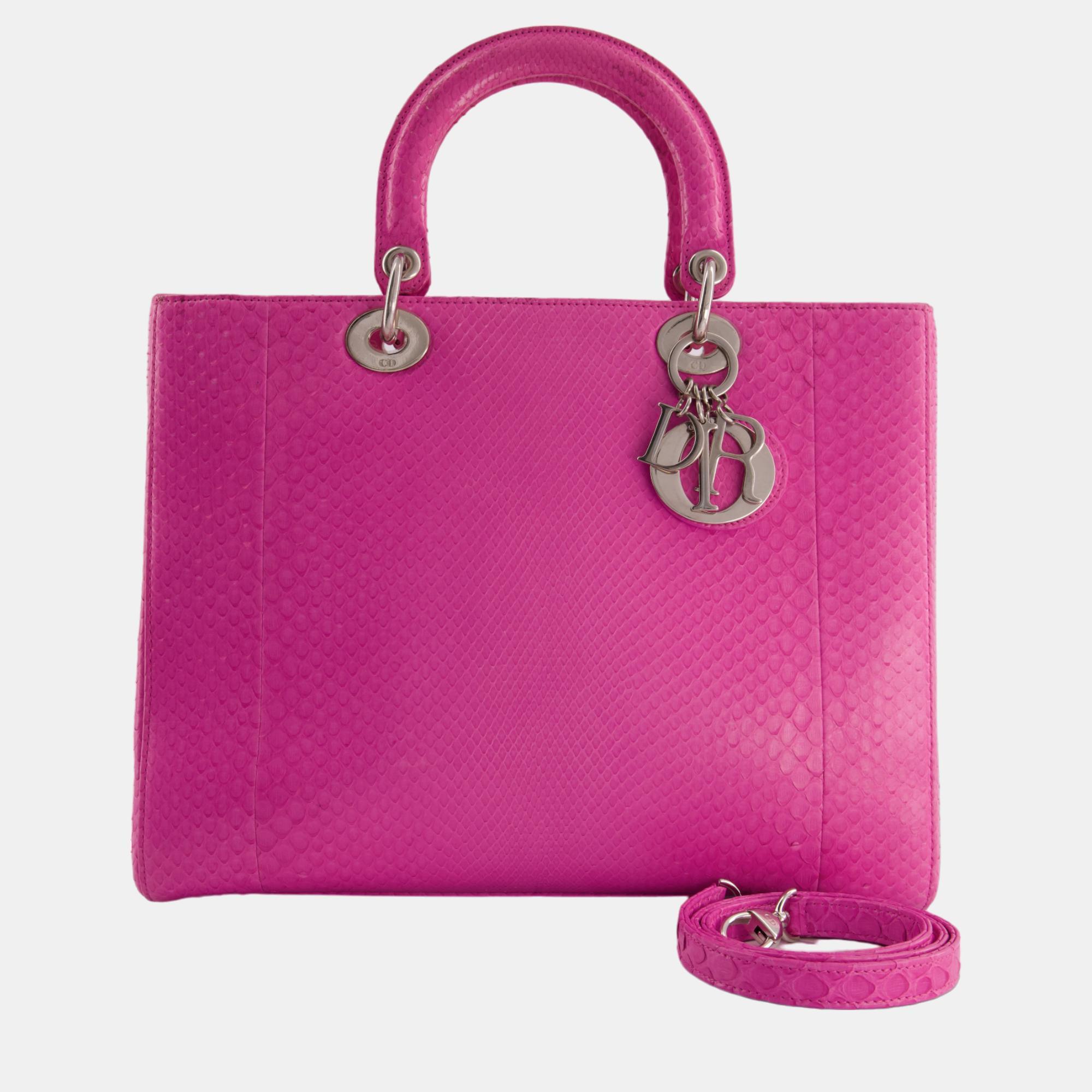 Christian Dior Large Pink Python Lady Dior Bag With Silver Hardware