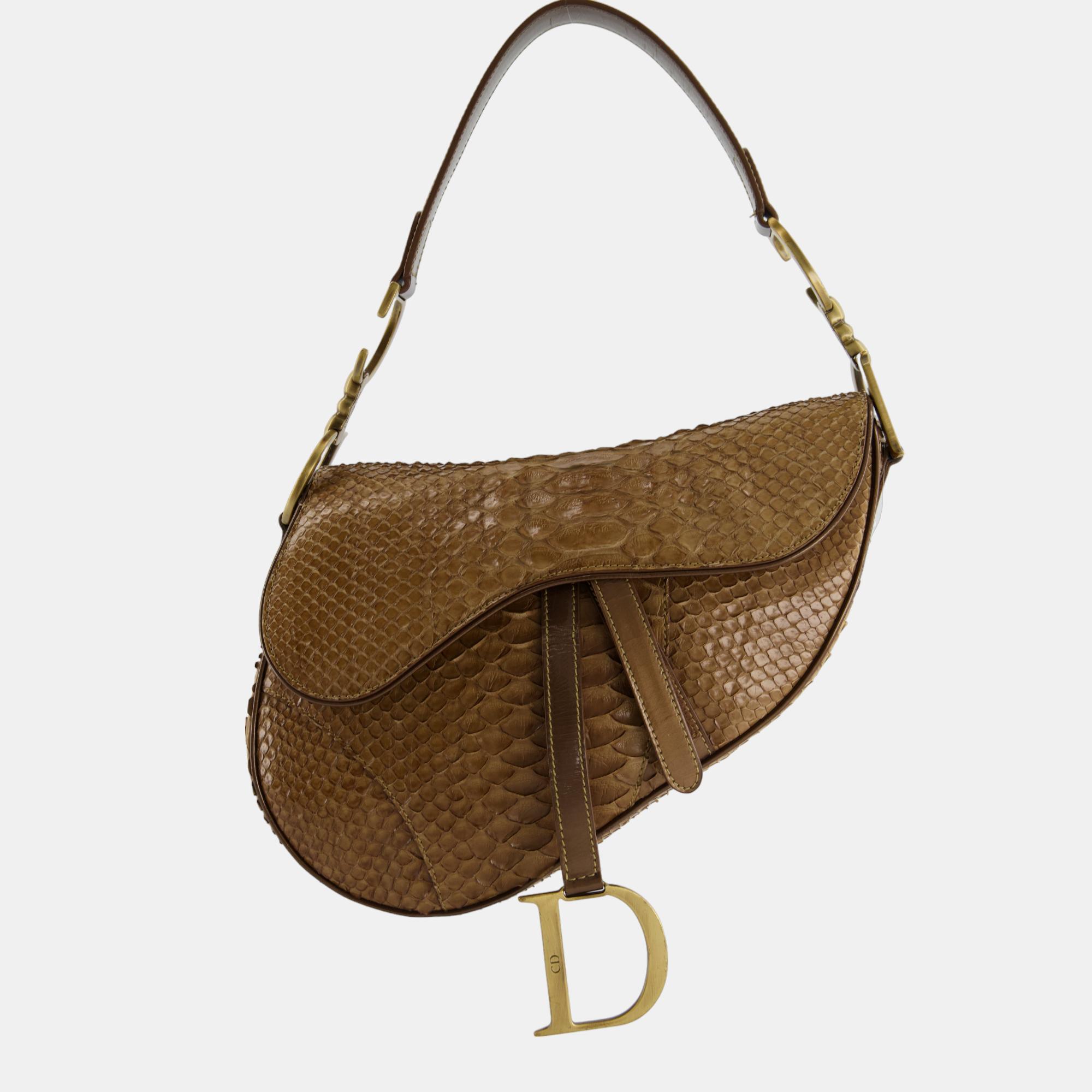 Christian Dior Brown Python Saddle Bag With Antique Gold Hardware