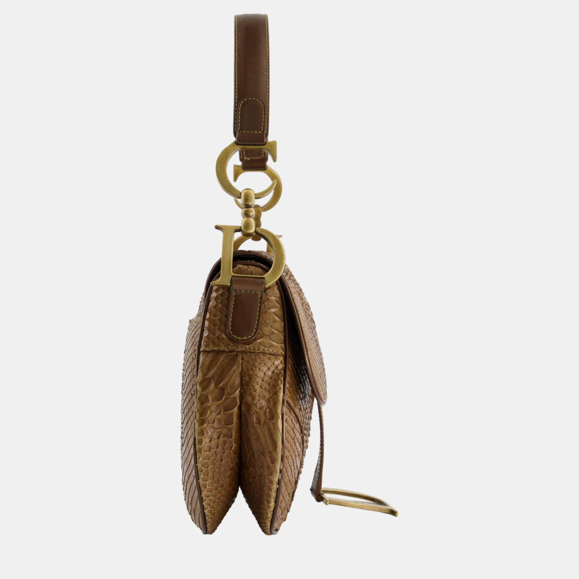 Christian Dior Brown Python Saddle Bag With Antique Gold Hardware