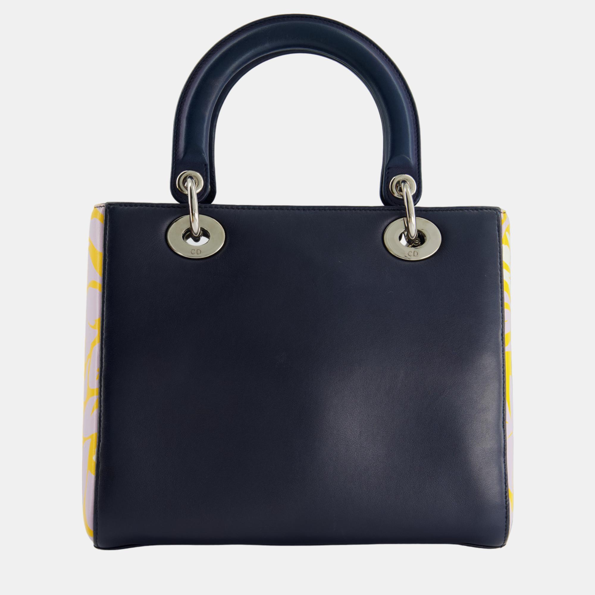Christian Dior Navy Blue Medium Lady Dior Bag Calfskin Leather With Purple And Yellow Abstract Print And Silver Hardware